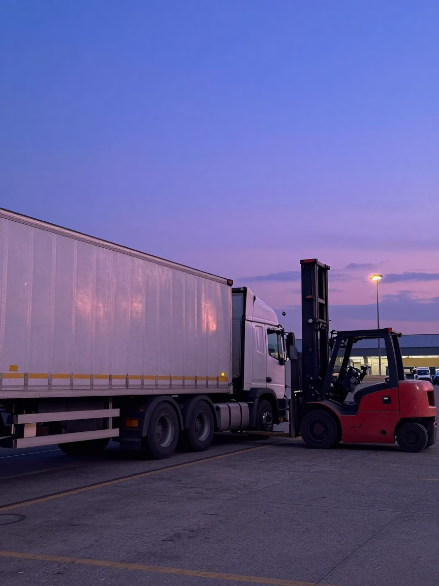 Busy Milan Loading Dock with Semi-Trailer and Forklifts in Indigo Twilight After Sunset in in Milan, Italy