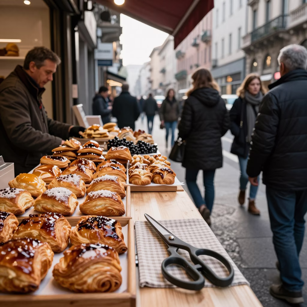 Busy Milan Morning Street Scene with Pastries and Tailor Shears in Italy in in Milan, Italy
