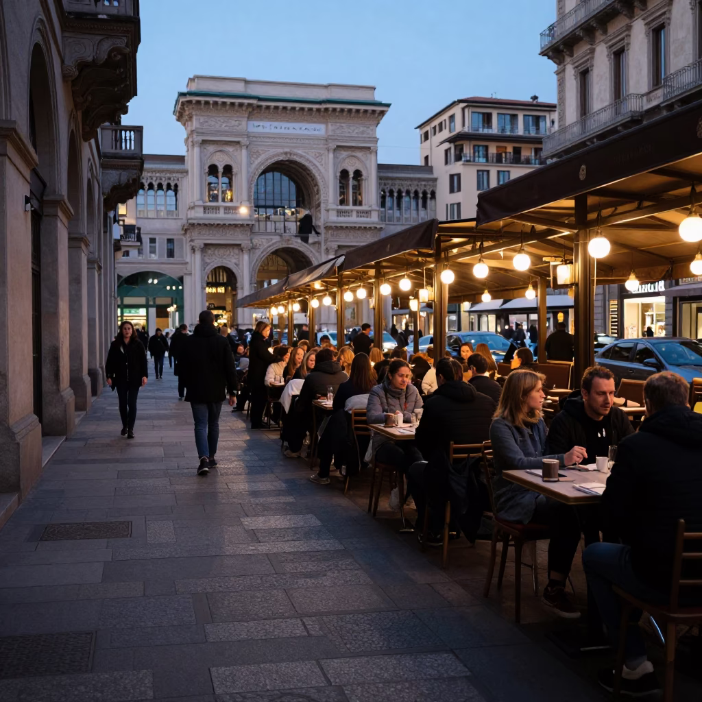 Busy Milan Street Cafe Evening with Local Dining and Urban Activity in in Milan, Italy