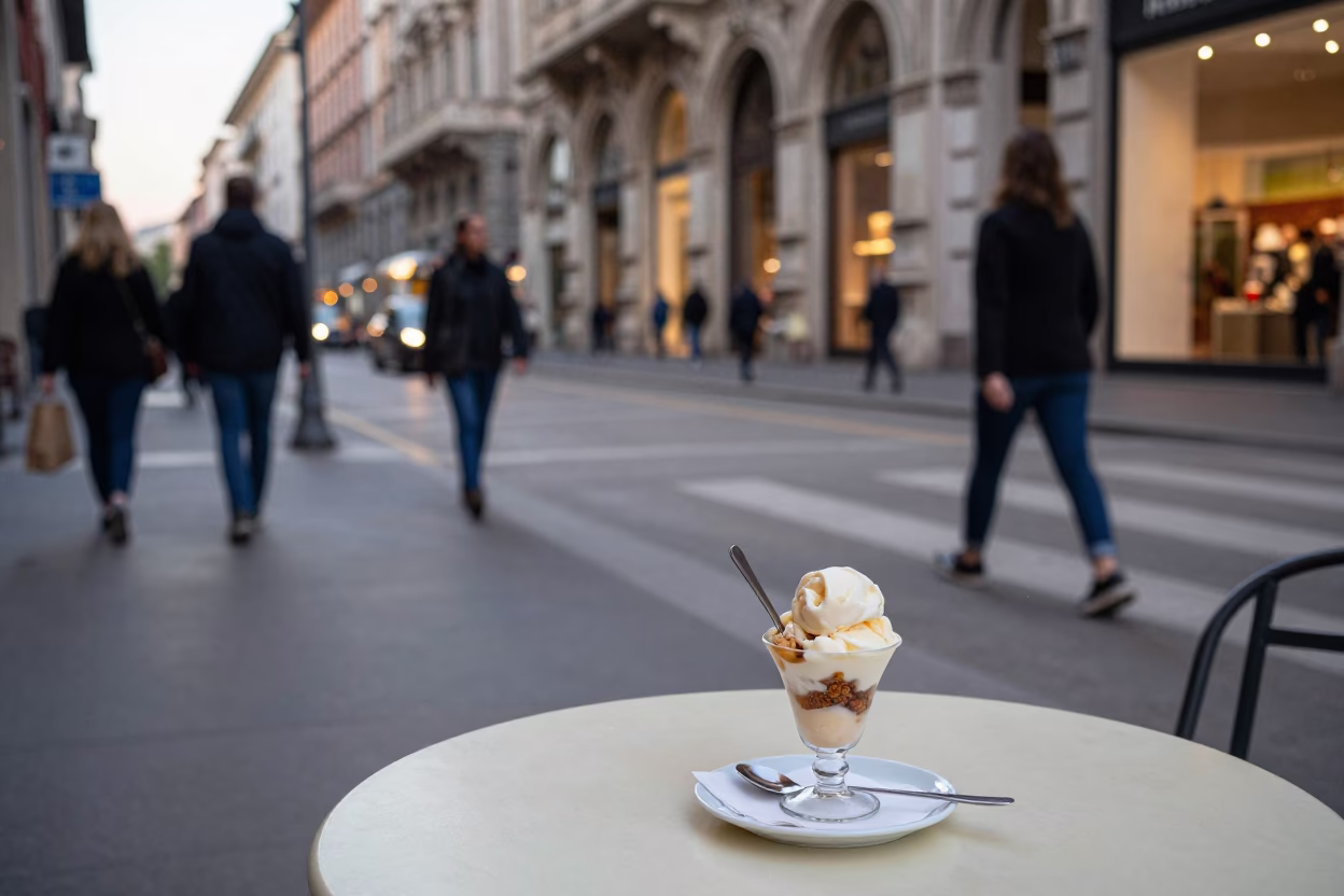 Busy Milan Street Corner Early Evening with Affogato and Urban Life in in Milan, Italy