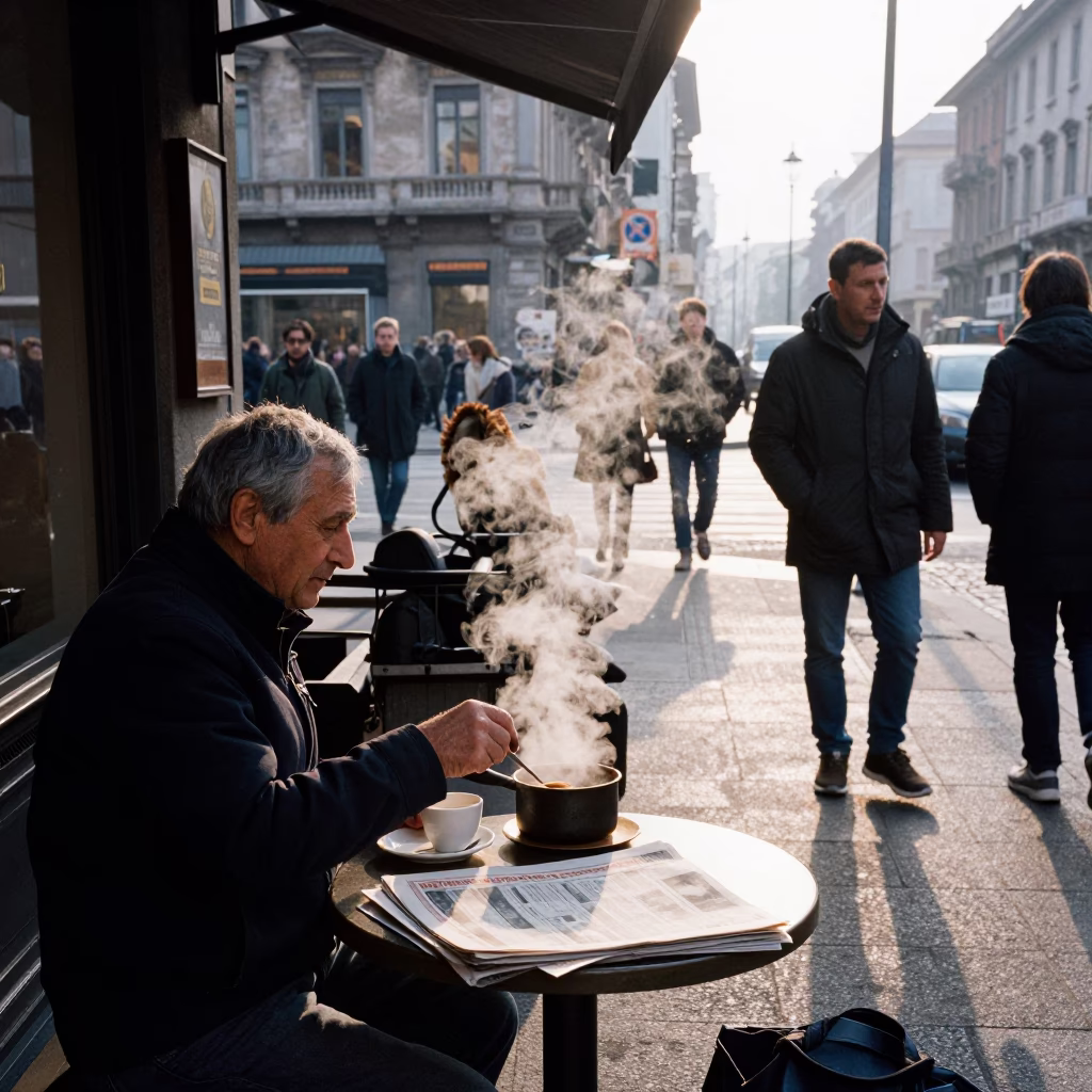 Busy Milan Street Corner Early Morning Coffee and Newspaper Scene in in Milan, Italy