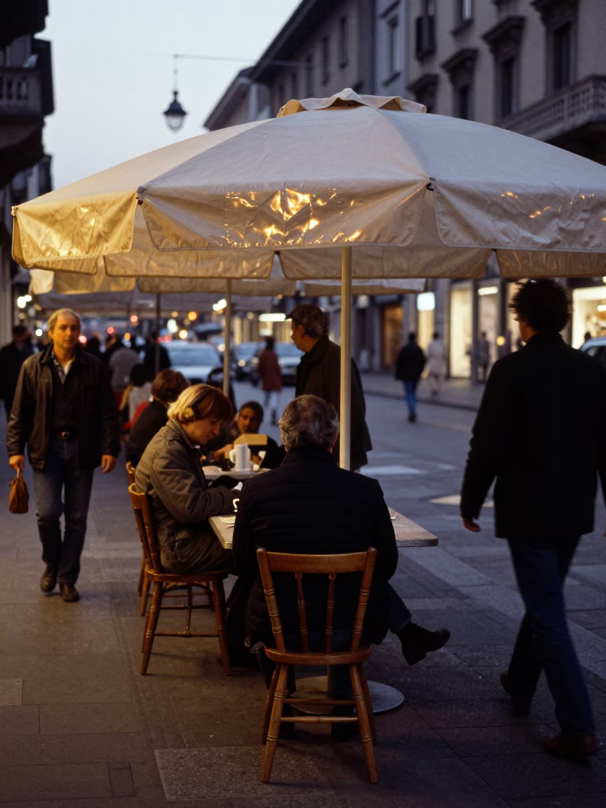 Busy Milan Street Corner Evening with Spindle Chair and Brushed Steel Details in in Milan, Italy