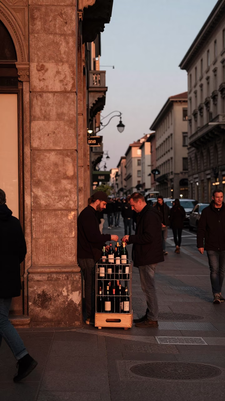 Busy Milan Street Corner in Copper Dusk Light with Lockbox and Bottle Caddy in in Milan, Italy