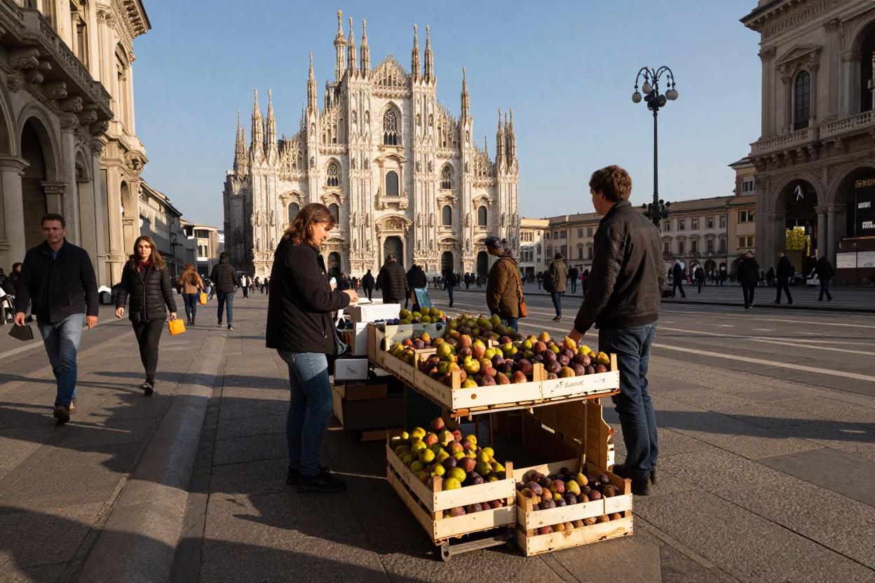 Busy Milan Street Corner in Late Afternoon Light with Fig Vendor and Classic Scooter in in Milan, Italy