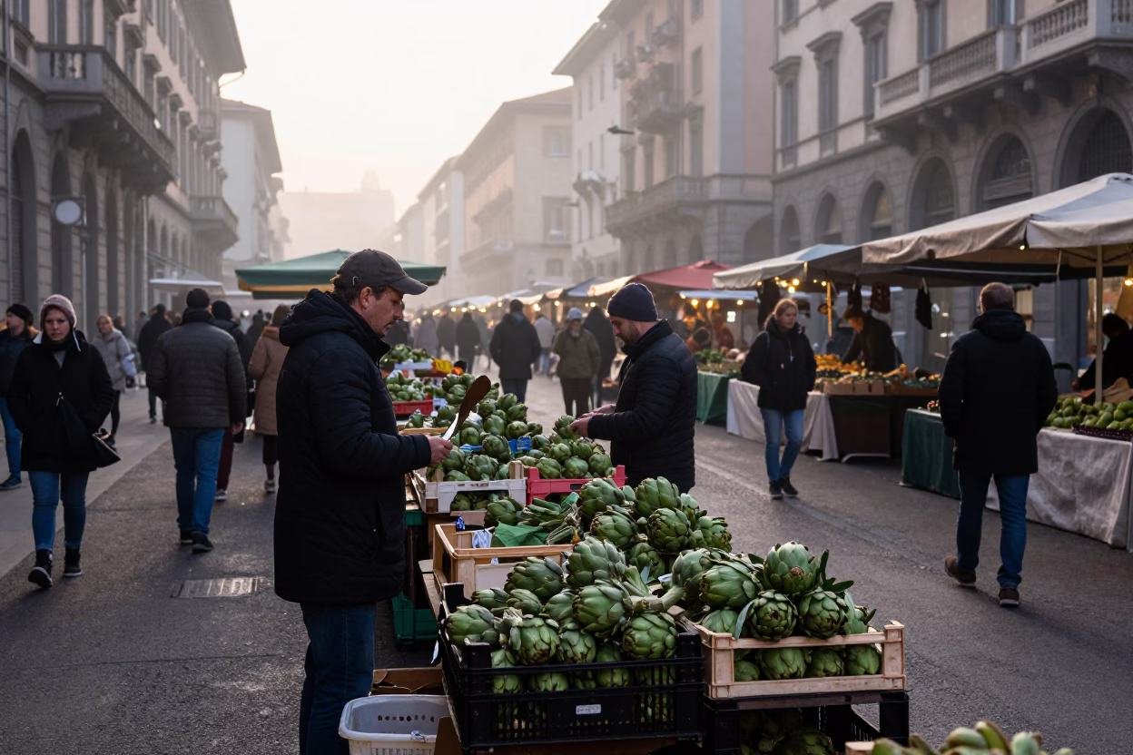 Busy Milan Street Market at Nautical Dawn with Artichokes and Enamel Bowls in in Milan, Italy