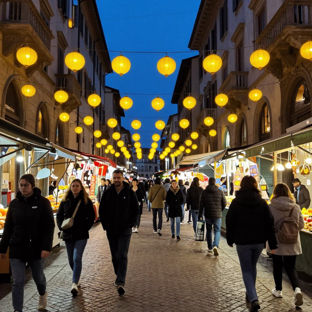 Busy Milan Street Market at Twilight with Hanging Lanterns and Vintage Sports Car in in Milan, Italy