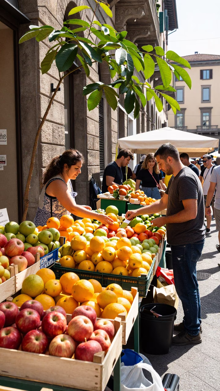 Busy Milan Street Market Midday Fruit Stall with Leaf Shadows in in Milan, Italy