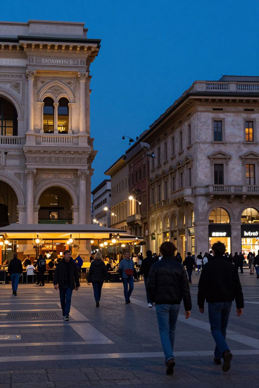 Busy Milan street scene at blue hour with historic architecture and evening activity in in Milan, Italy