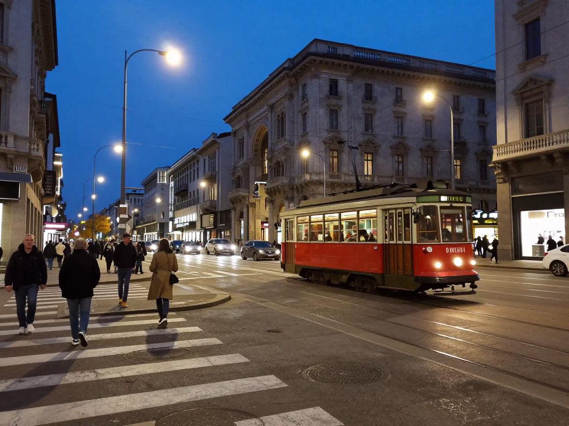 Busy Milan Street Scene at Blue Hour with Vintage Tram and City Lights in in Milan, Italy
