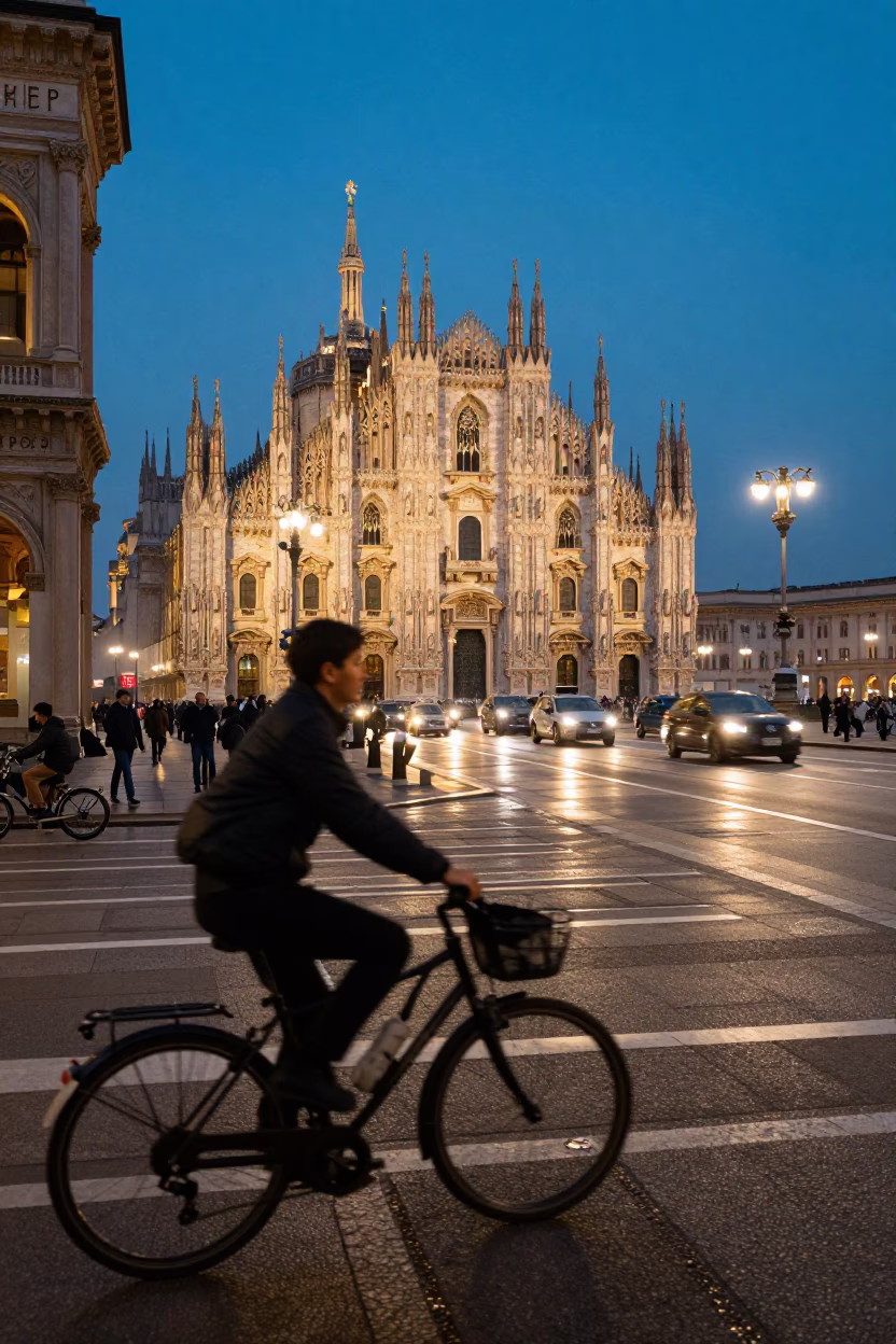 Busy Milan Street Scene at Dusk with Cyclist and Umbrellas in in Milan, Italy