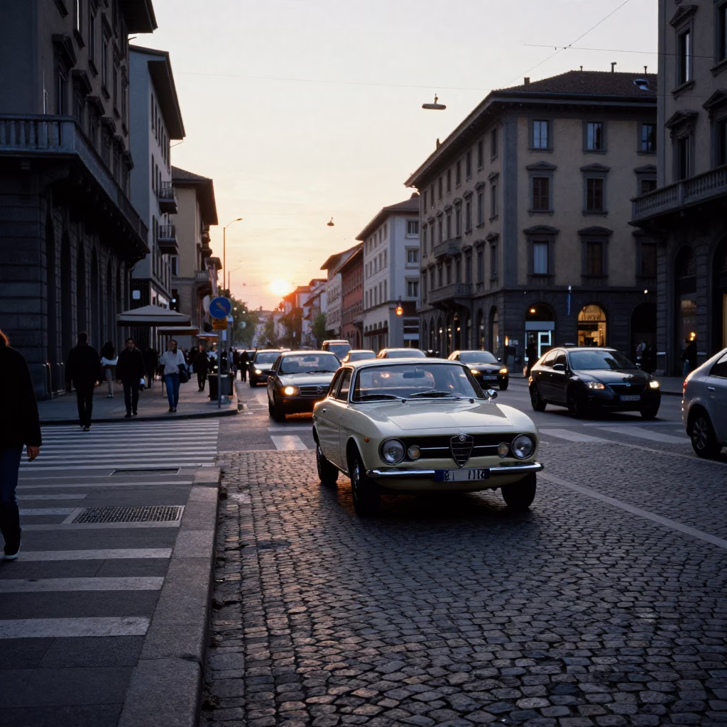 Busy Milan Street Scene at Dusk with Vintage Cars and Pedestrians in in Milan, Italy