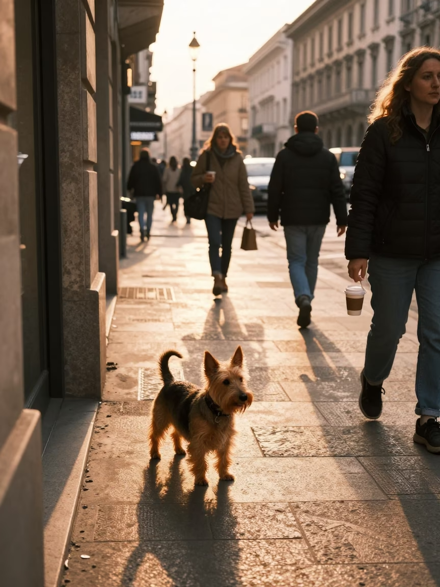 Busy Milan Street Scene at Golden Hour with Skye Terrier and Coffee Mugs in in Milan, Italy
