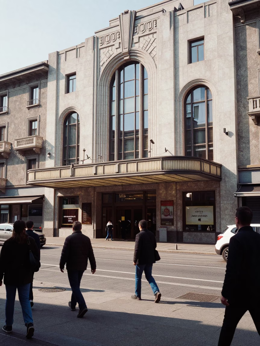 Busy Milan Street Scene at Midday with Art Deco Cinema Facade and Pedestrians in in Milan, Italy