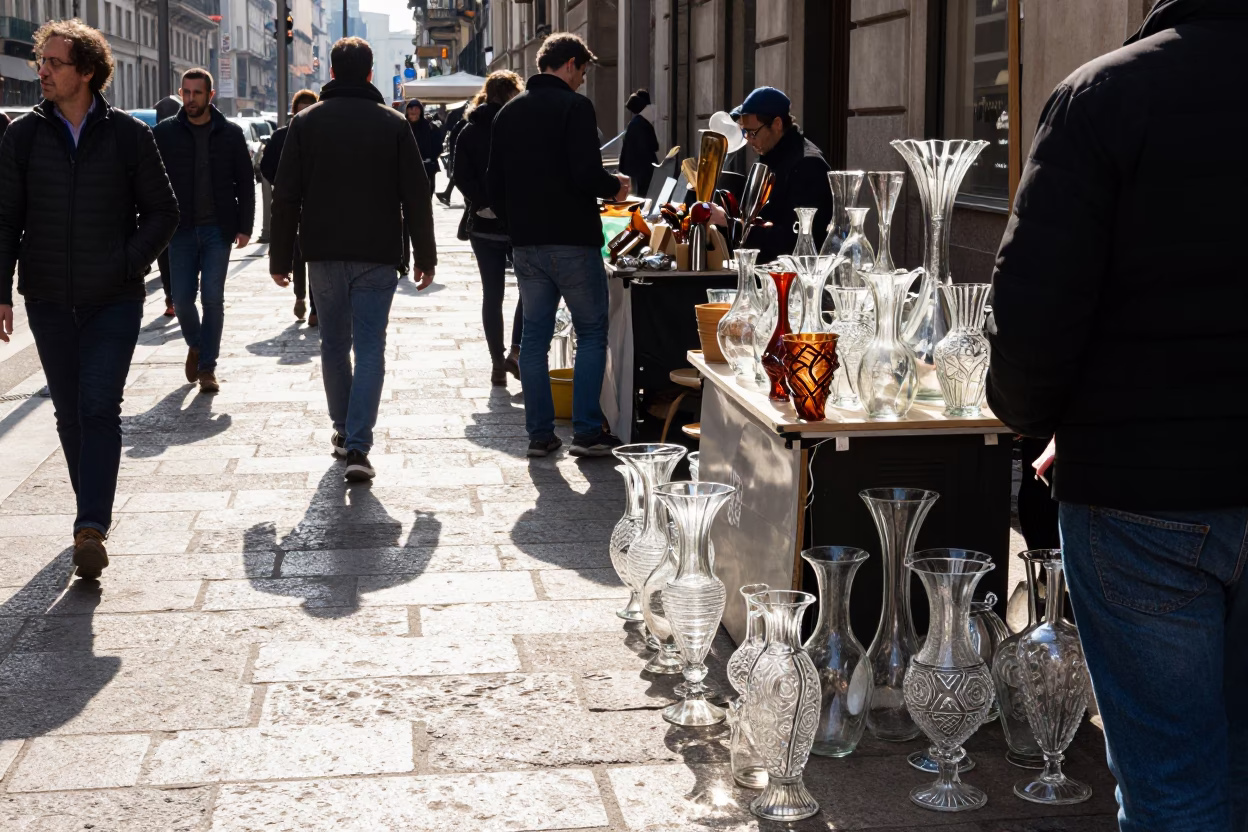 Busy Milan Street Scene at Midday with Glass Vases and Gate Handle in in Milan, Italy