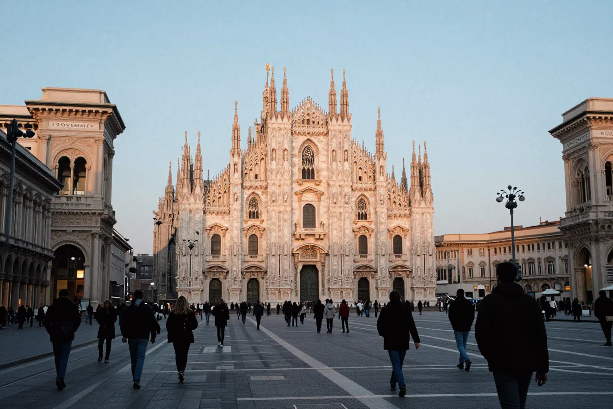Busy Milan Street Scene at Nautical Dawn with Commuters and Vintage 1990s Urban Life in in Milan, Italy