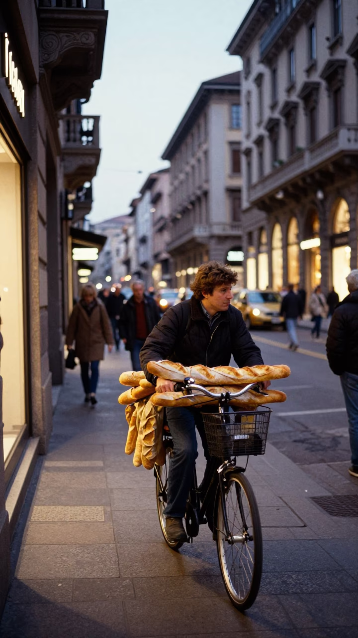 Busy Milan Street Scene Early Evening with Bicycle and Shop Display in in Milan, Italy