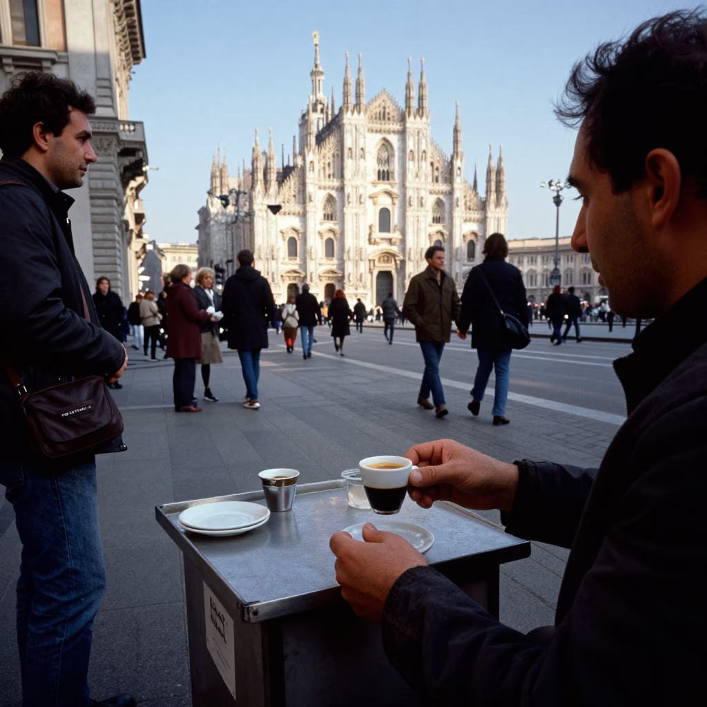 Busy Milan Street Scene in Clear Late Afternoon Light with Ceramic Cup and Crowbar in in Milan, Italy