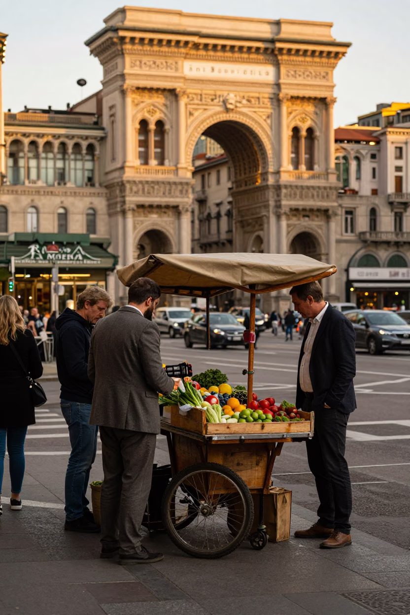Busy Milan Street Scene in Honeyed Evening Light with Vintage Scooters and Local Life in in Milan, Italy