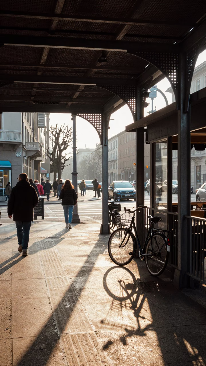 Busy Milan Street Scene Just After Sunrise with Metal Overpass and Bicycle in in Milan, Italy