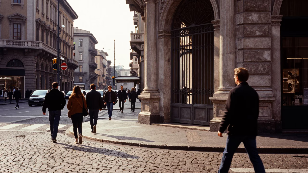 Busy Milan Street Scene Late Afternoon with Vintage Gate Handle and Pedestrians in in Milan, Italy
