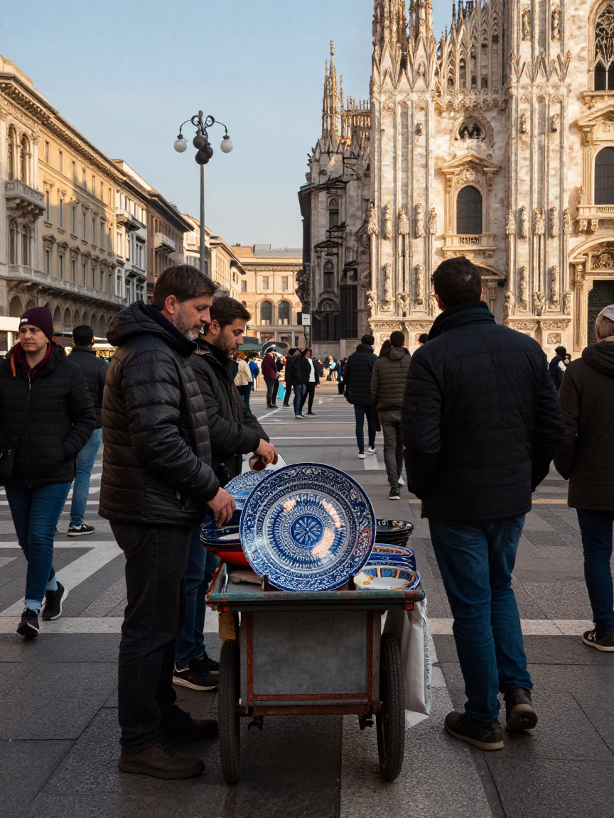 Busy Milan Street Scene with Vintage Majolica Plate Reflection and Late Afternoon Light in in Milan, Italy