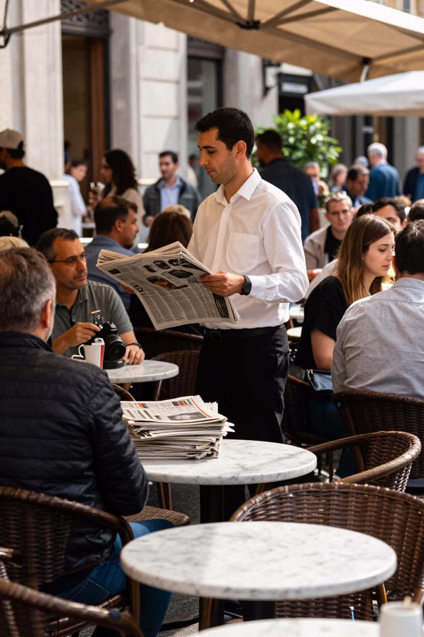 Busy Milanese Cafe Terrace at Midday with Newspaper Stack and Pepper Mill in in Milan, Italy