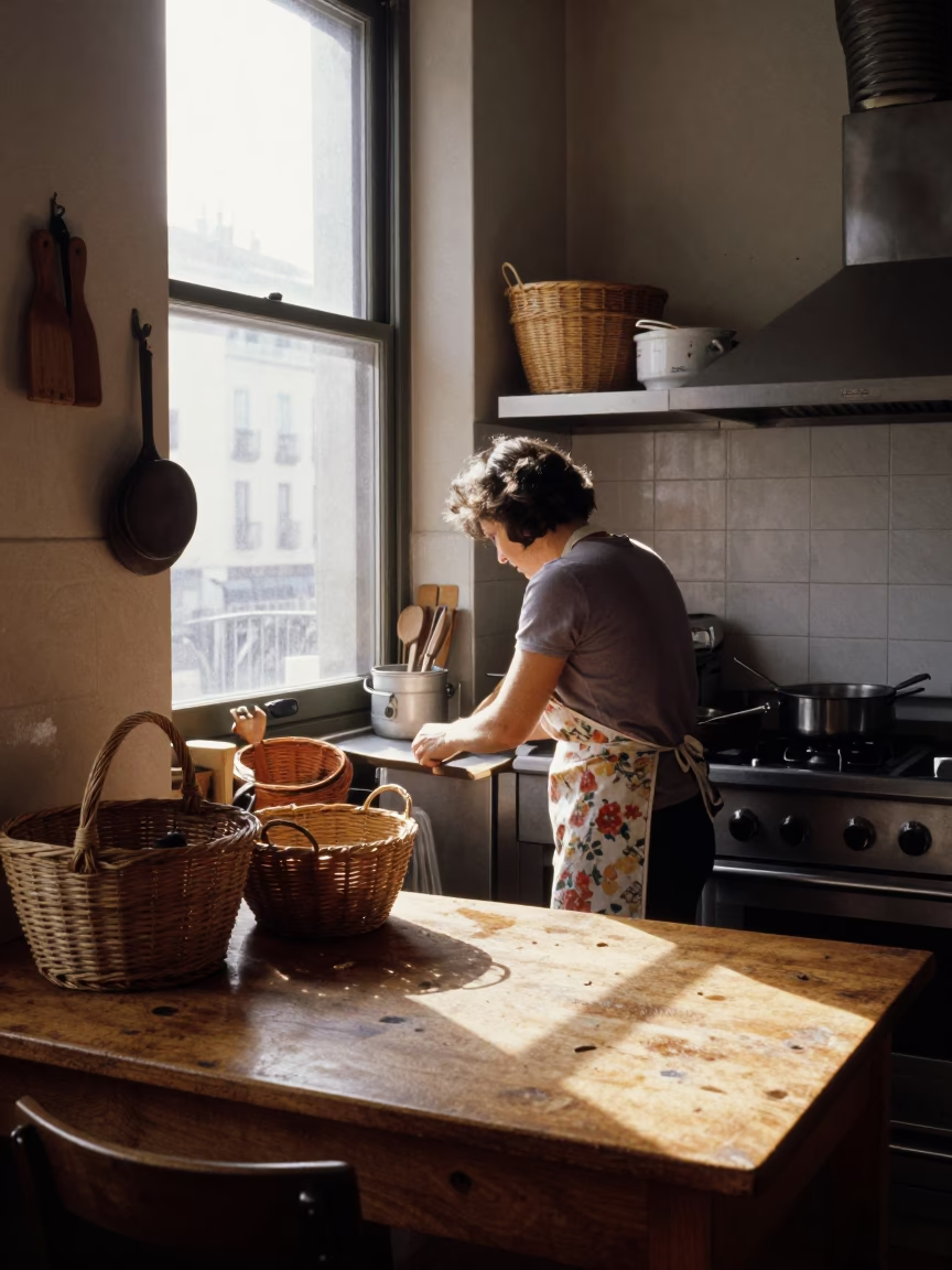 Busy Milanese Kitchen Afternoon with Woven Baskets and Aprons in Italy in in Milan, Italy