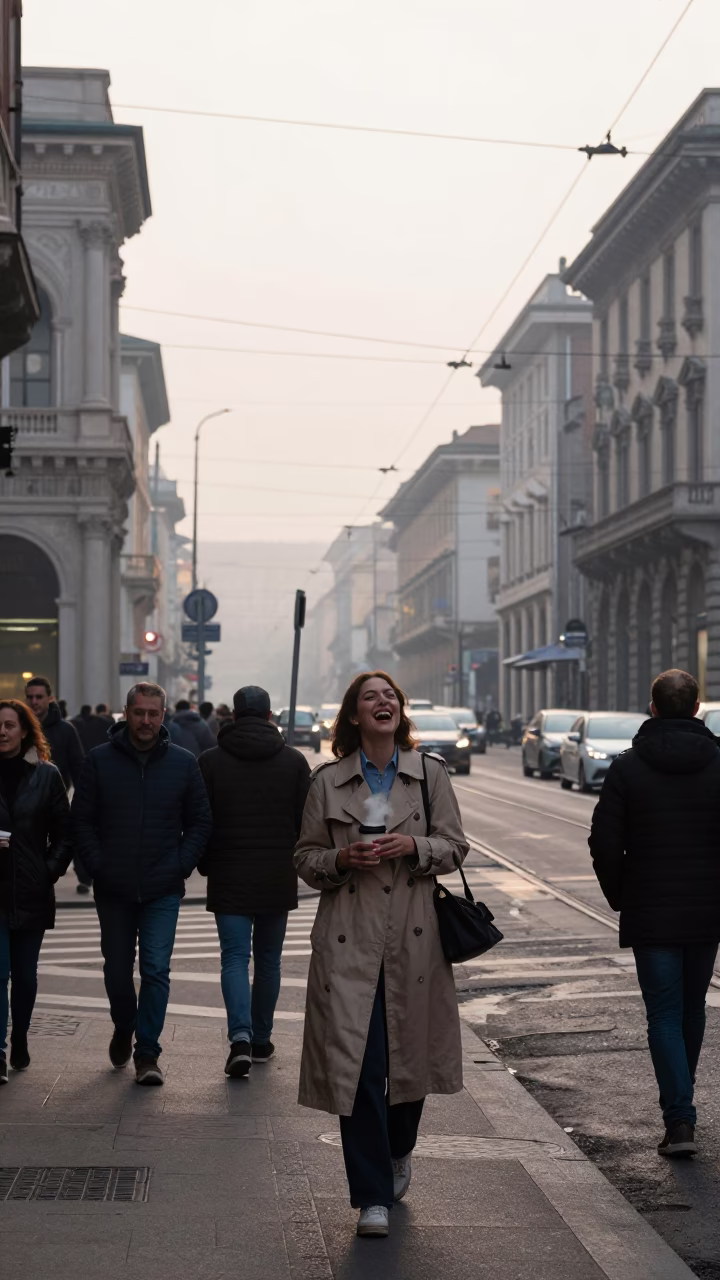 Busy Milanese Street Corner in Early Morning Light with Catenary Wires and Local Life in in Milan, Italy