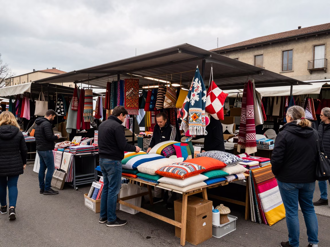 Busy Milanese Street Market Stall Under Overcast Midday Sky in in Milan, Italy