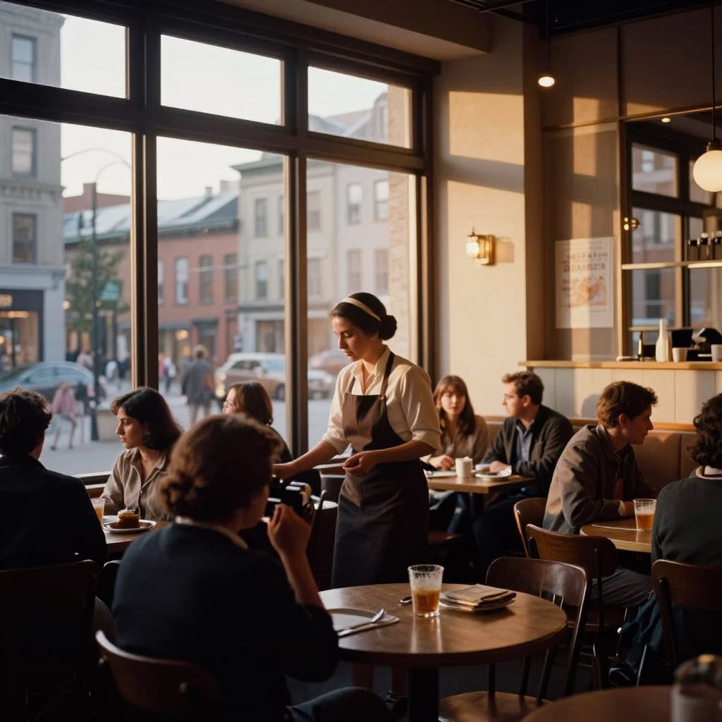 Busy Montreal Cafe Interior with Honeyed Evening Light and Local Details in in Montreal, Quebec, Canada