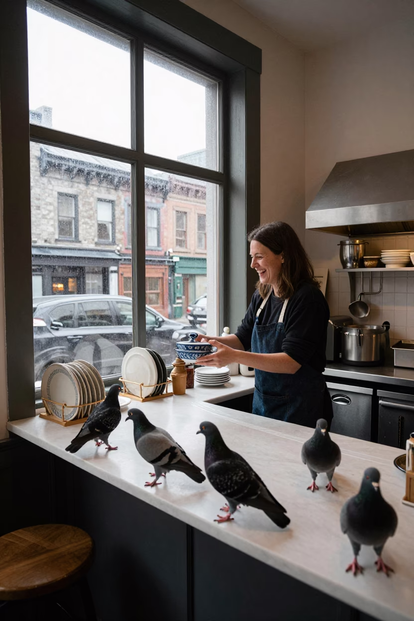 Busy Montreal Cafe Interior with Pigeons and Kitchen Details in in Montreal, Quebec, Canada