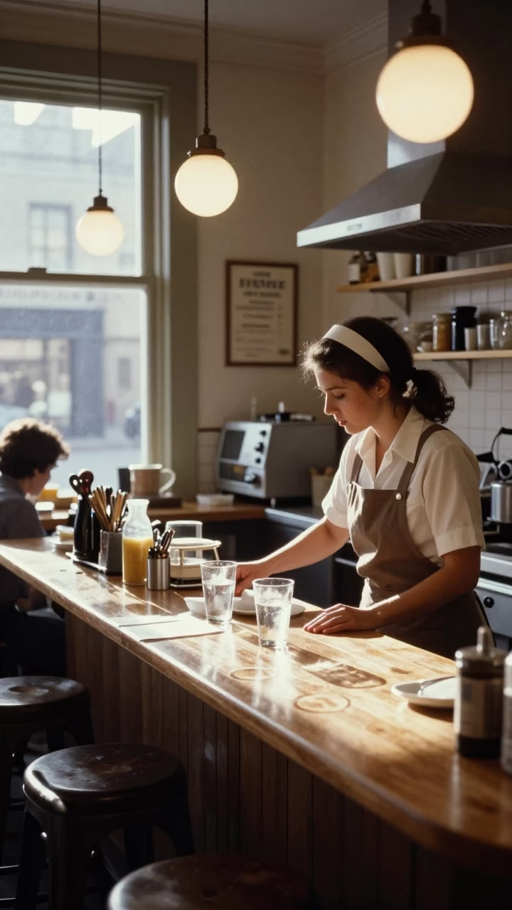 Busy Montreal Cafe Interior with Vintage 1970s Kitchen Details in in Montreal, Quebec, Canada