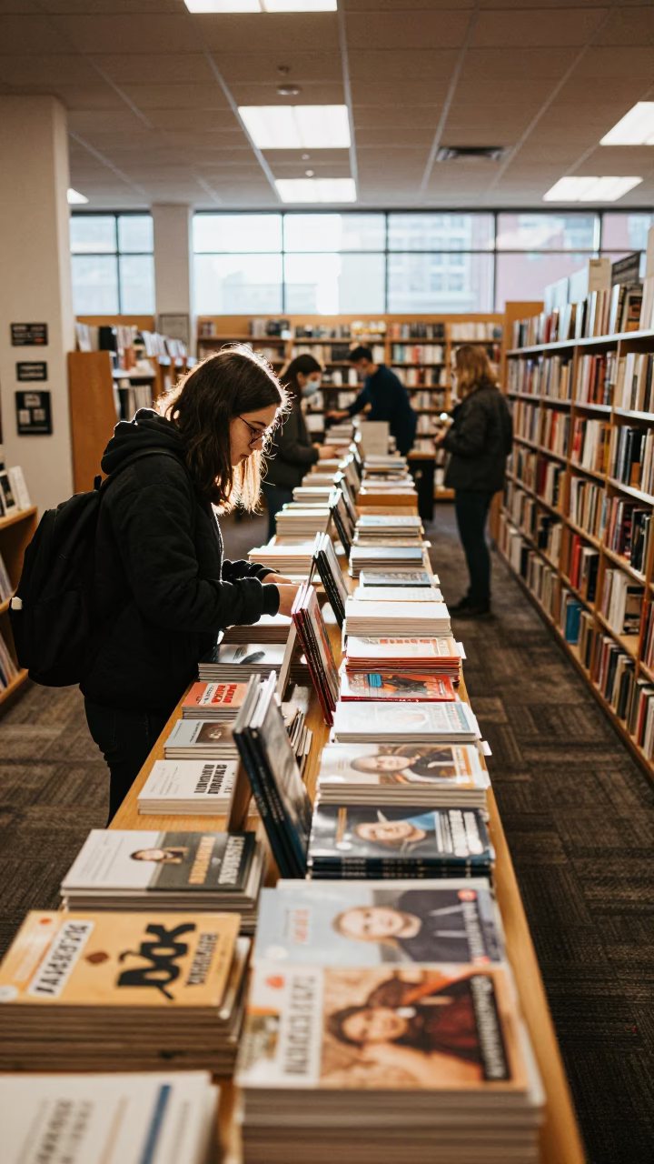 Busy Montreal Campus Bookstore Counter with Fresh Course Packets in Early Afternoon Light in in Montreal, Quebec, Canada