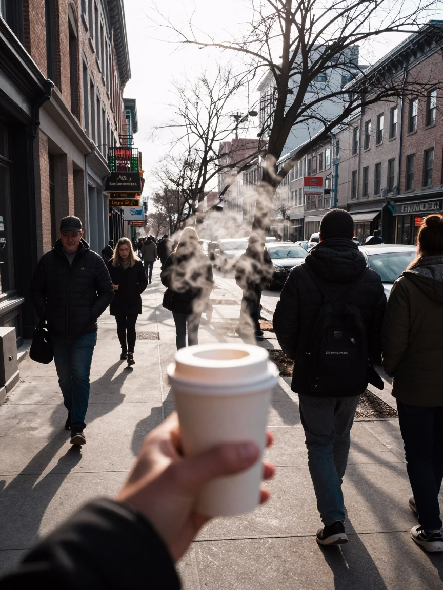 Busy Montreal Early Morning Street Scene with Coffee Cup and Urban Architecture in in Montreal, Quebec, Canada