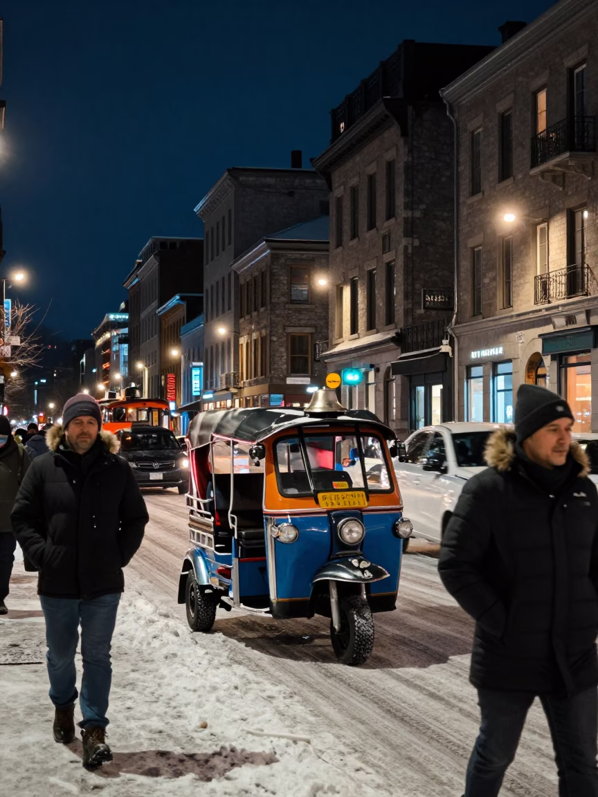 Busy Montreal Night Scene with Tuk-Tuk and Bell on Snowy Street in in Montreal, Quebec, Canada