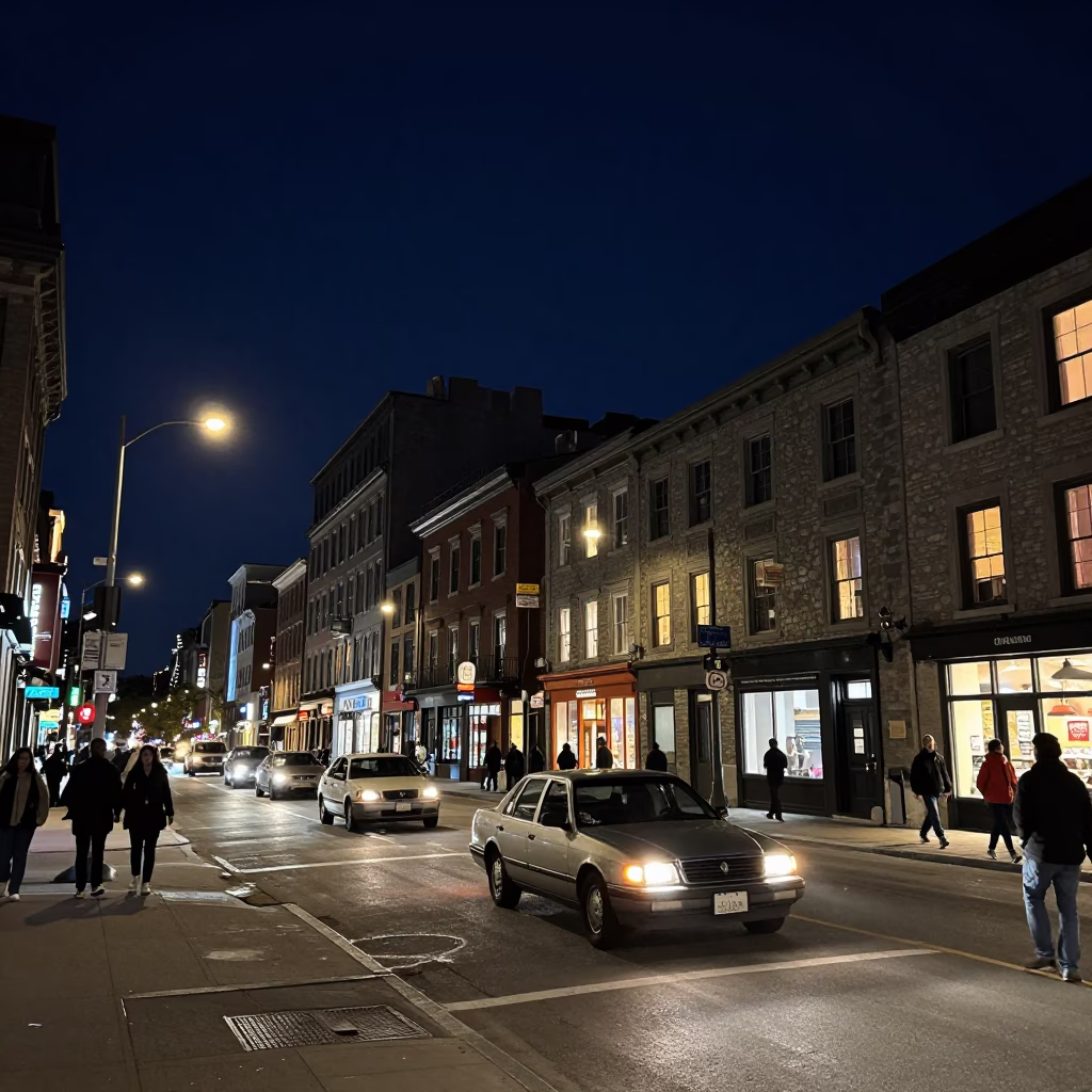 Busy Montreal Night Street Scene Under Deep Sky with Classic Car and Neon Signs in in Montreal, Quebec, Canada