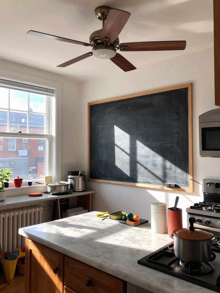 Busy Montreal Quebec Kitchen Scene Under Noon Light With Chalkboard And Fan in in Montreal, Quebec, Canada