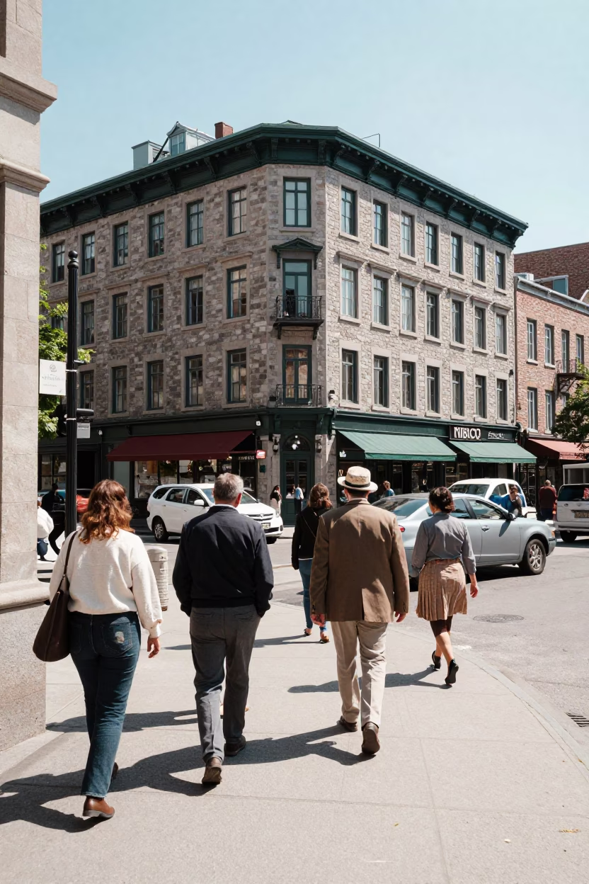 Busy Montreal Quebec Street Corner 1960s Midmorning Life and Heritage Architecture in in Montreal, Quebec, Canada