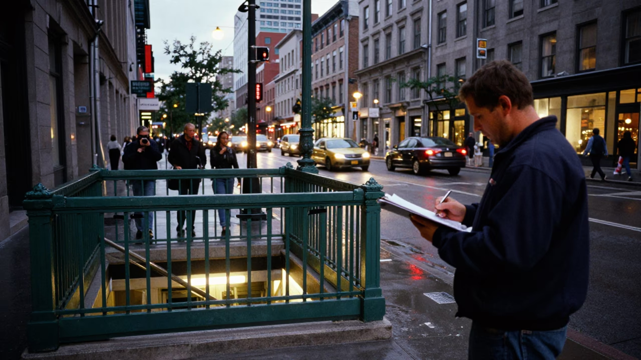 Busy Montreal Quebec Street Scene at Twilight with Clipboard and Steam Haze in in Montreal, Quebec, Canada