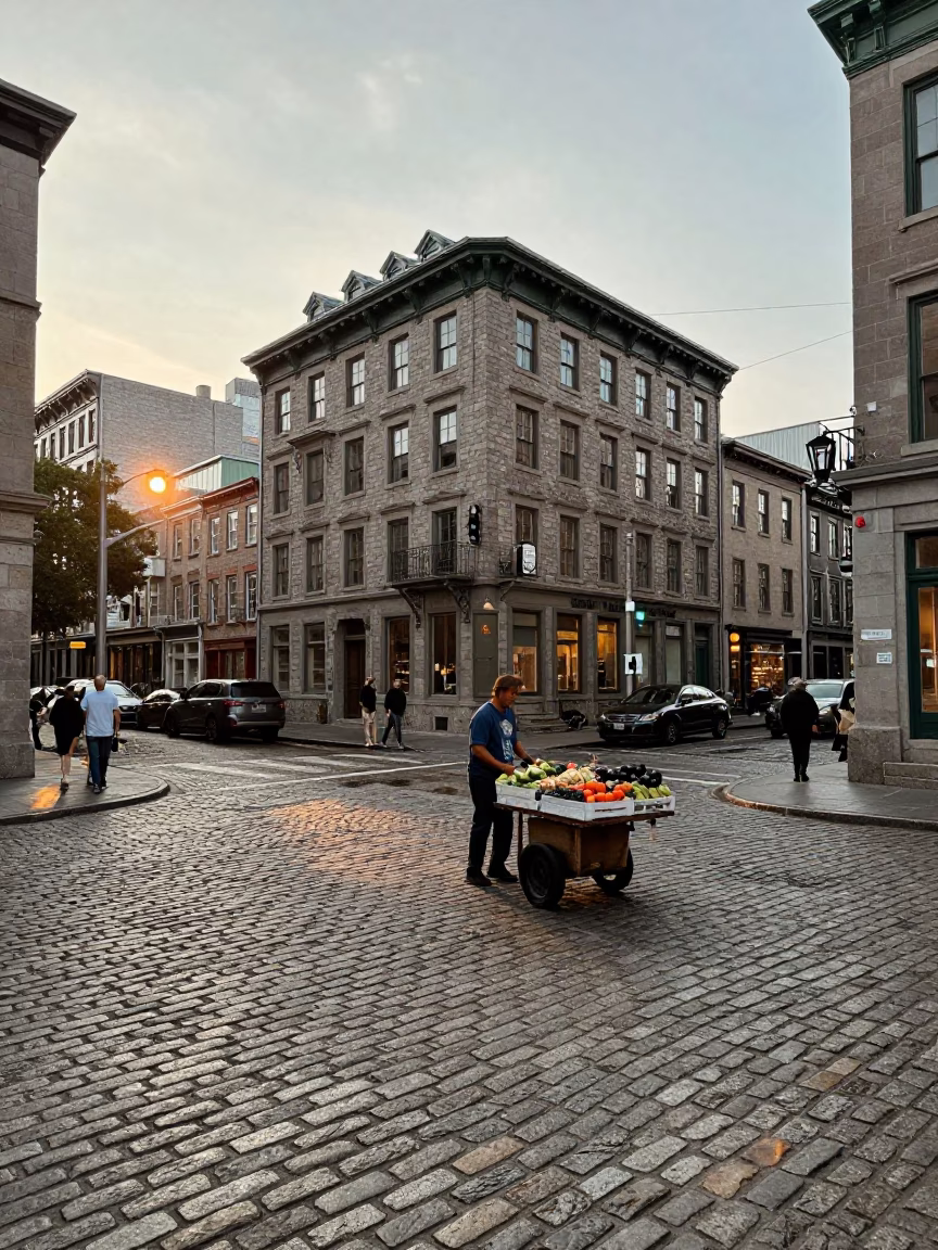 Busy Montreal Street Corner After Sunrise with Vintage 1960s Atmosphere and Urban Details in in Montreal, Quebec, Canada