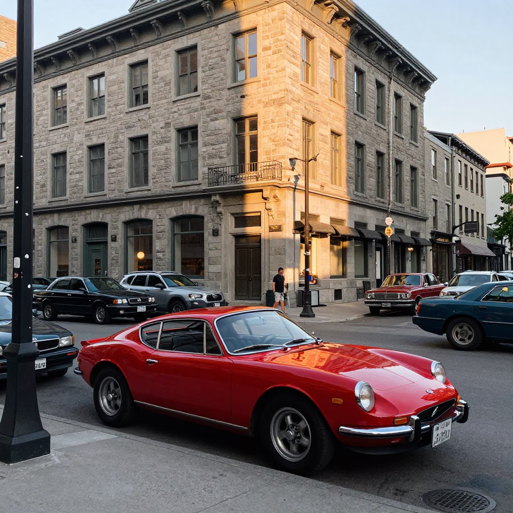 Busy Montreal Street Corner After Sunrise with Vintage Cars and Local Life in in Montreal, Quebec, Canada