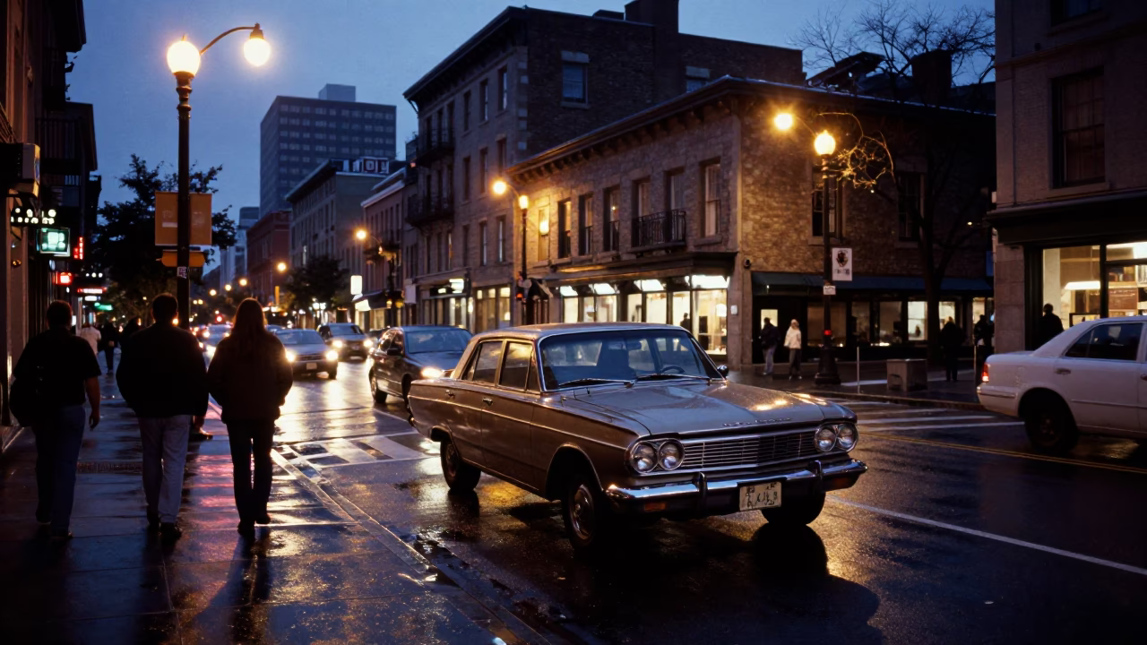 Busy Montreal Street Corner at Blue Hour with Vintage Car and Pedestrians in in Montreal, Quebec, Canada
