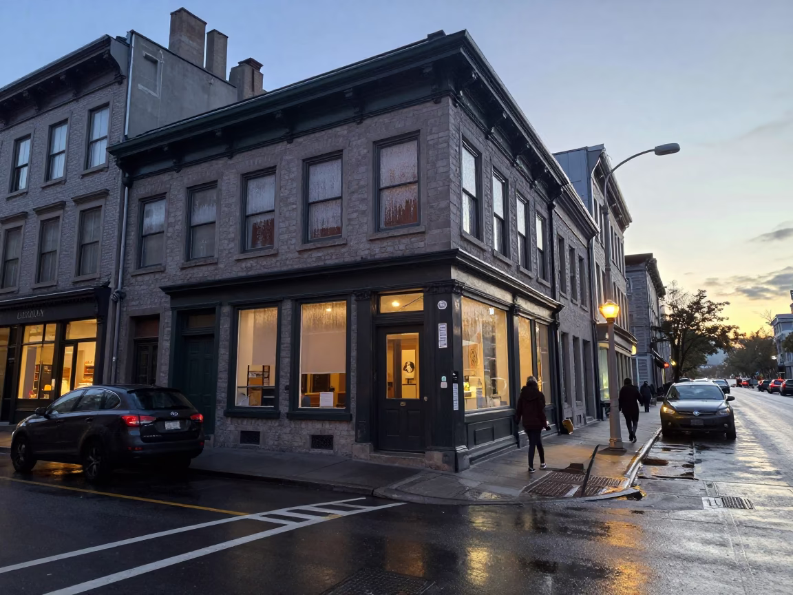 Busy Montreal Street Corner at Dawn with Condensation and Urban Details in in Montreal, Quebec, Canada