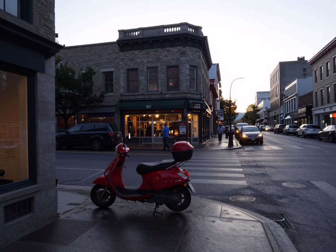 Busy Montreal Street Corner at Dawn with Scooter and Broom in Quebec Canada in in Montreal, Quebec, Canada