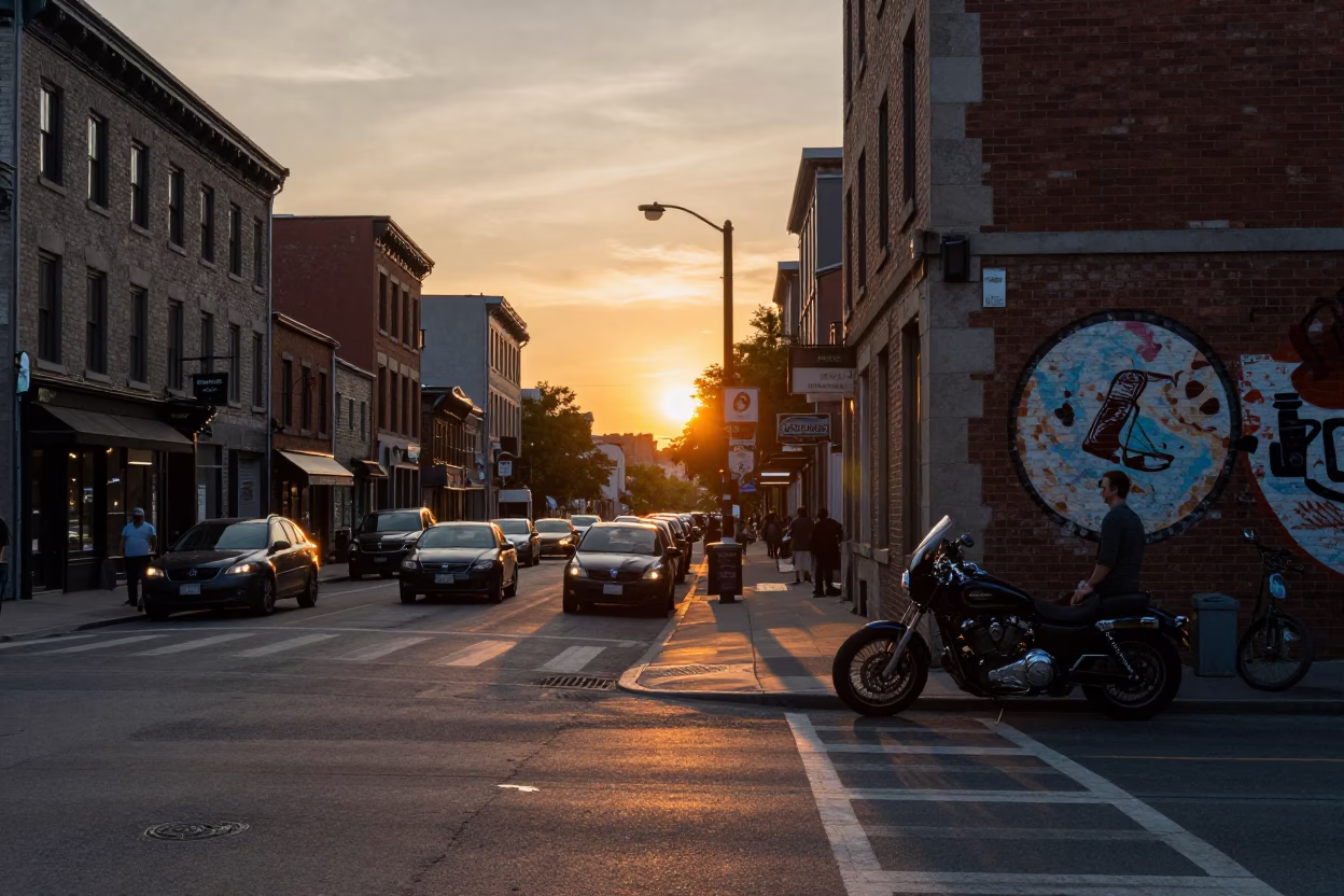 Busy Montreal Street Corner at Sunset with Motorcycles and Urban Activity in in Montreal, Quebec, Canada