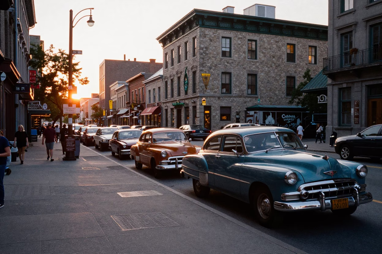 Busy Montreal Street Corner at Sunset with Vintage Cars and Pedestrians in Quebec Canada in in Montreal, Quebec, Canada