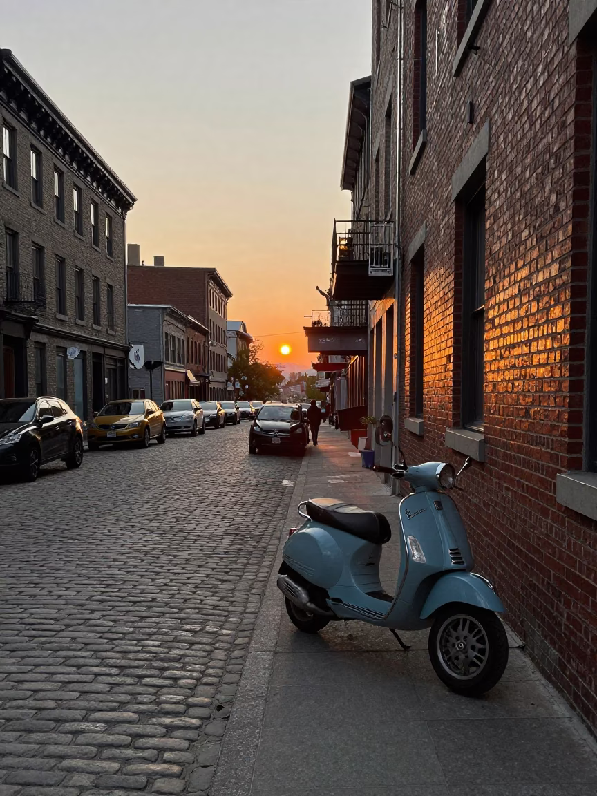 Busy Montreal Street Corner at Sunset with Vintage Vespa and Local Pedestrians in in Montreal, Quebec, Canada