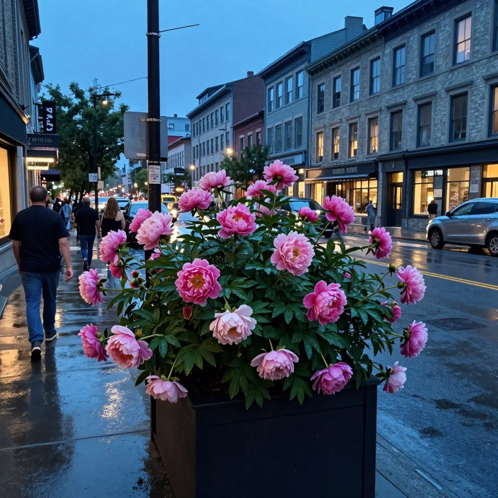 Busy Montreal Street Corner in Blue Hour with Peony Bush and Urban Details in in Montreal, Quebec, Canada