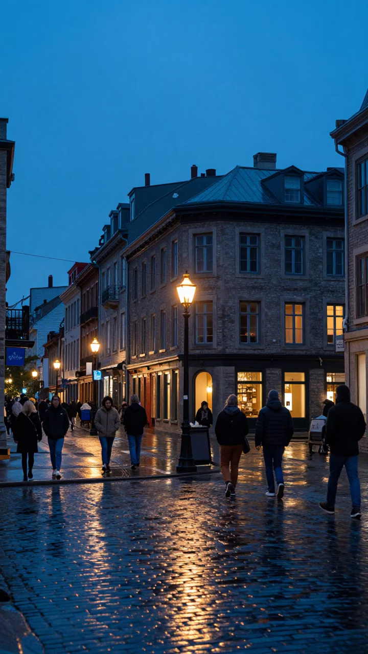 Busy Montreal Street Corner in Blue Hour with Vintage Bicycle and Urban Life in in Montreal, Quebec, Canada