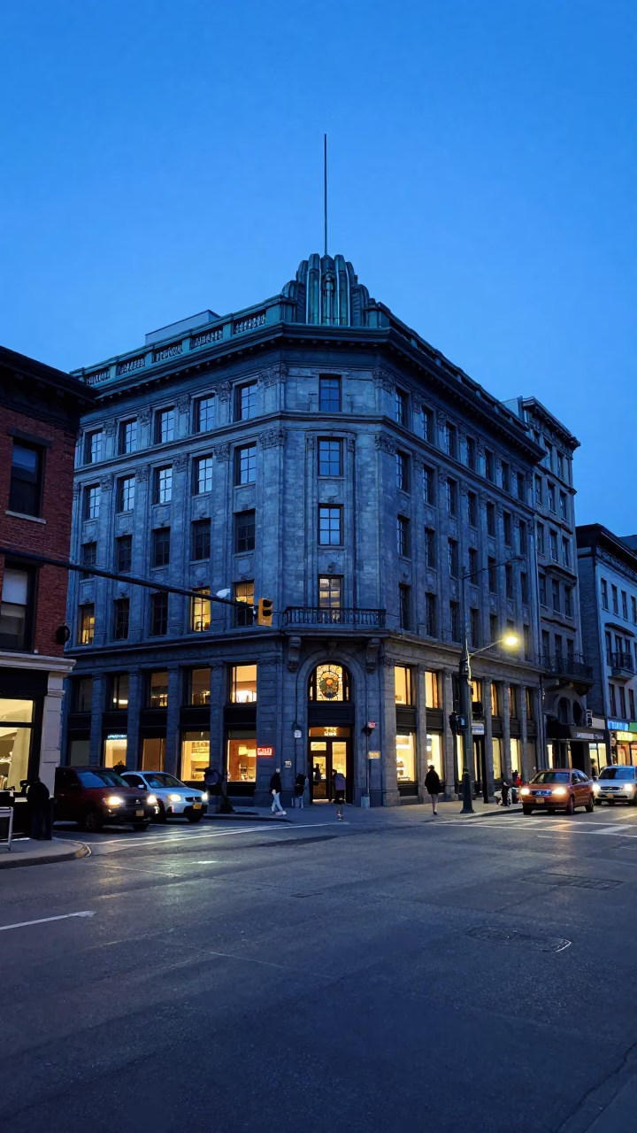 Busy Montreal Street Corner in Evening Blue Light with Art Deco Facade and Pedestrians in in Montreal, Quebec, Canada